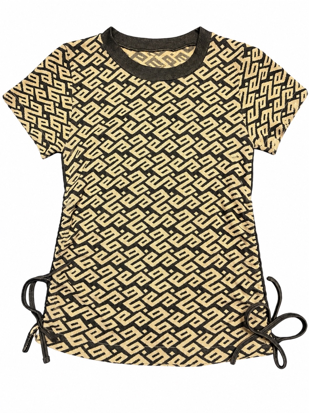 Retro Women’s XL Black Beige Geometric Print Ruched Side Tie Stretch Top